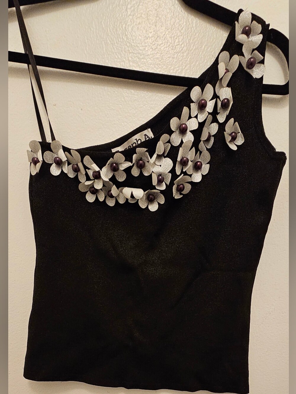 Joseph. A  Black One-Shoulder Embellished Floral Tank with Purple Bead Accents